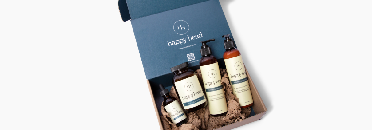 Happy Head products help promote hair growth and combat hair loss at the root. Choose from custom-made topical treatments to super strength orals and more at HappyHead.com.